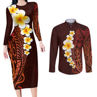 Red Tropical Plumeria With Galaxy Polynesian Art Couples Matching Long Sleeve Bodycon Dress and Long Sleeve Button Shirt - Wonder Print Shop