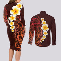 Red Tropical Plumeria With Galaxy Polynesian Art Couples Matching Long Sleeve Bodycon Dress and Long Sleeve Button Shirt - Wonder Print Shop