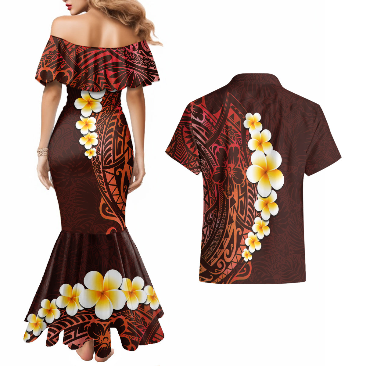 Red Tropical Plumeria With Galaxy Polynesian Art Couples Matching Mermaid Dress and Hawaiian Shirt - Wonder Print Shop