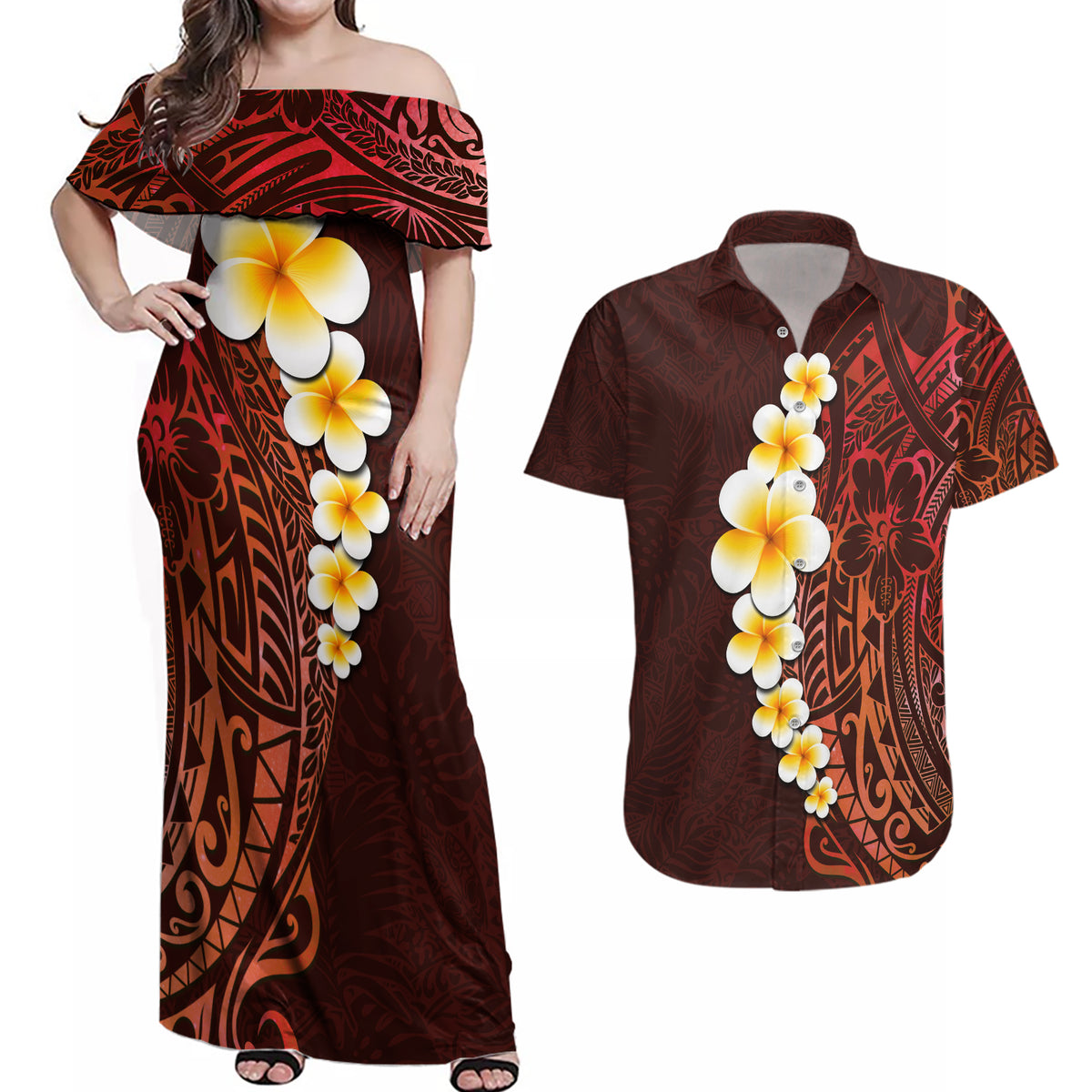Red Tropical Plumeria With Galaxy Polynesian Art Couples Matching Off Shoulder Maxi Dress and Hawaiian Shirt - Wonder Print Shop