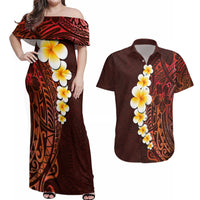 Red Tropical Plumeria With Galaxy Polynesian Art Couples Matching Off Shoulder Maxi Dress and Hawaiian Shirt - Wonder Print Shop