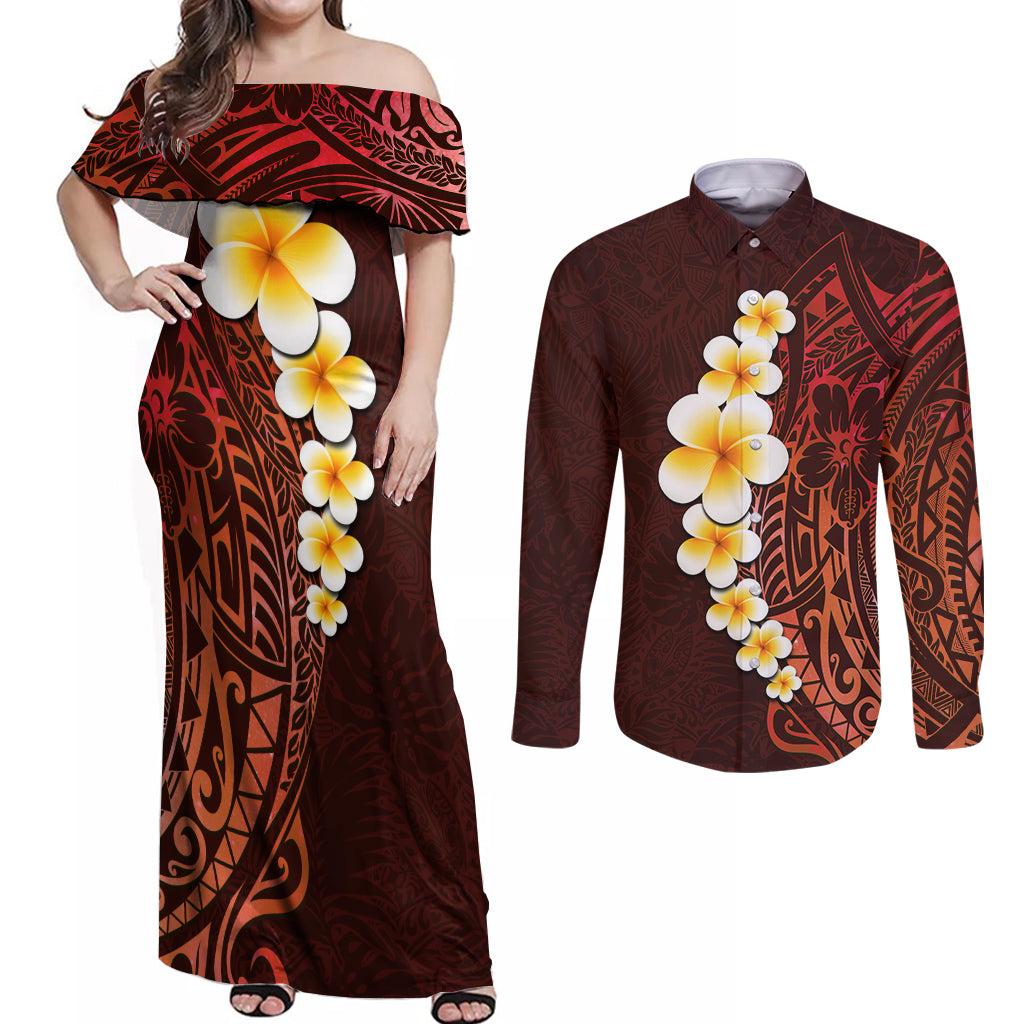 Red Tropical Plumeria With Galaxy Polynesian Art Couples Matching Off Shoulder Maxi Dress and Long Sleeve Button Shirt - Wonder Print Shop