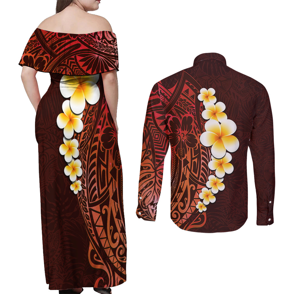 Red Tropical Plumeria With Galaxy Polynesian Art Couples Matching Off Shoulder Maxi Dress and Long Sleeve Button Shirt - Wonder Print Shop