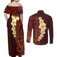 Red Tropical Plumeria With Galaxy Polynesian Art Couples Matching Off Shoulder Maxi Dress and Long Sleeve Button Shirt - Wonder Print Shop