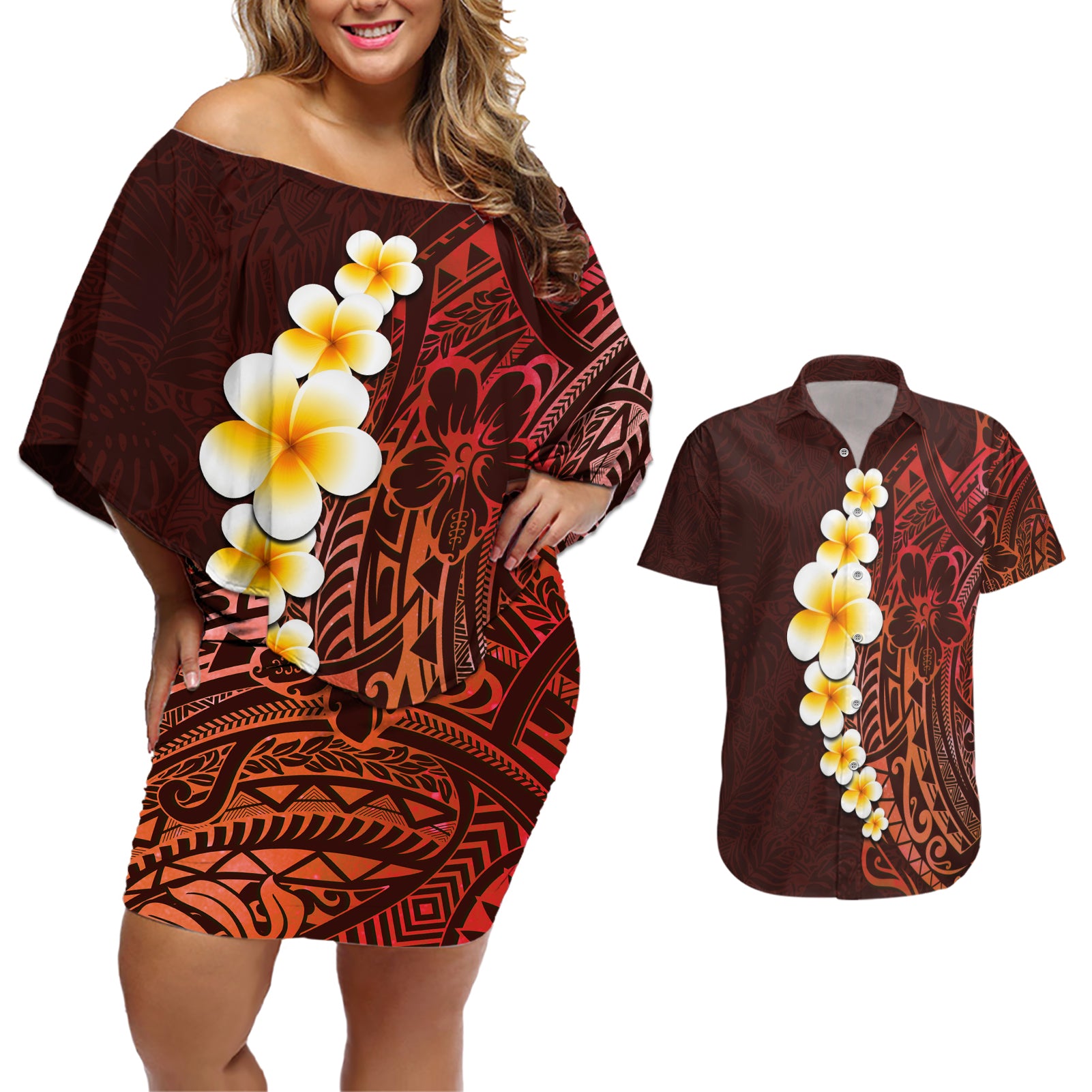 Red Tropical Plumeria With Galaxy Polynesian Art Couples Matching Off Shoulder Short Dress and Hawaiian Shirt - Wonder Print Shop
