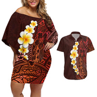 Red Tropical Plumeria With Galaxy Polynesian Art Couples Matching Off Shoulder Short Dress and Hawaiian Shirt - Wonder Print Shop