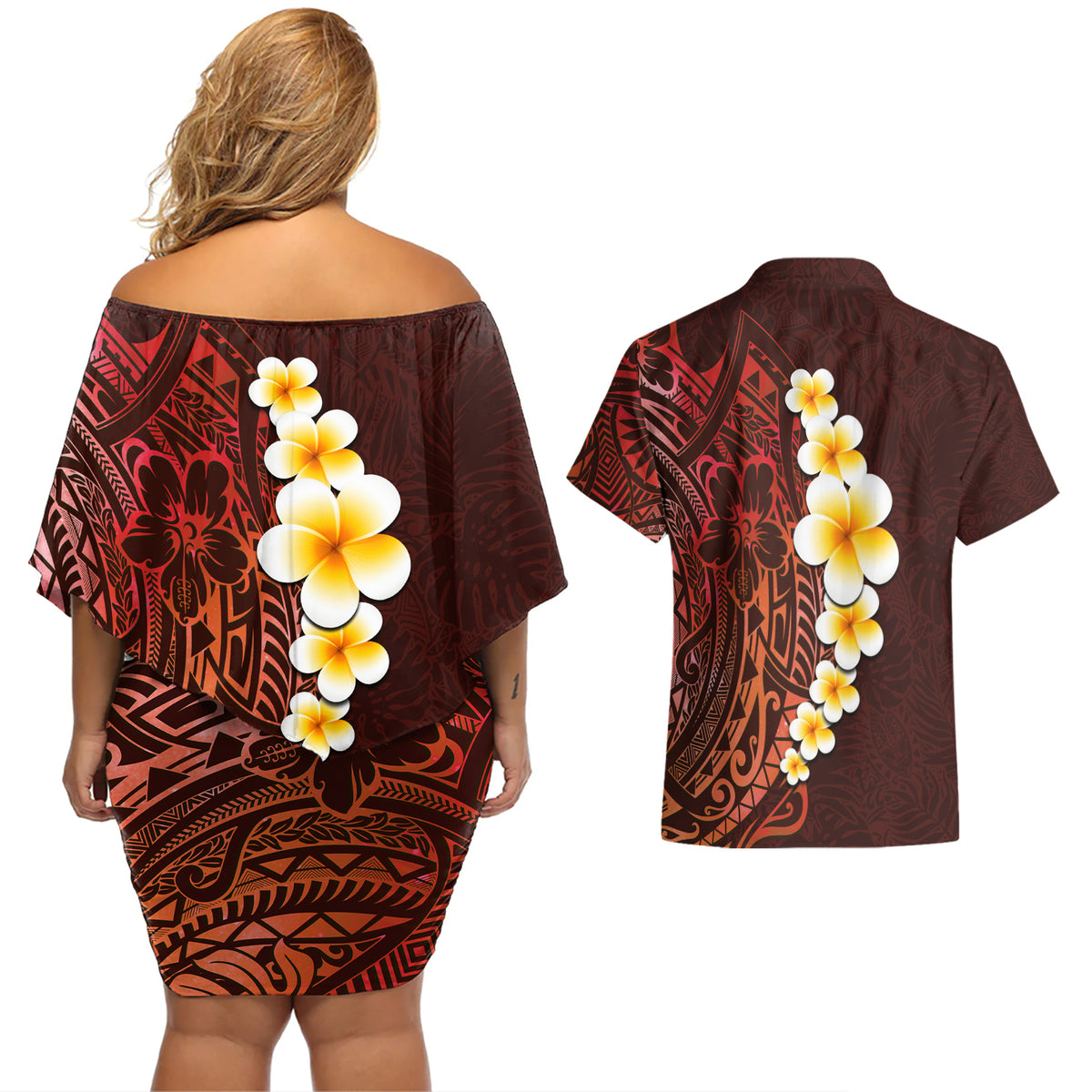 Red Tropical Plumeria With Galaxy Polynesian Art Couples Matching Off Shoulder Short Dress and Hawaiian Shirt - Wonder Print Shop