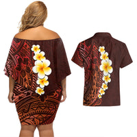 Red Tropical Plumeria With Galaxy Polynesian Art Couples Matching Off Shoulder Short Dress and Hawaiian Shirt - Wonder Print Shop