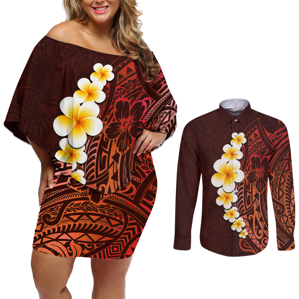 Red Tropical Plumeria With Galaxy Polynesian Art Couples Matching Off Shoulder Short Dress and Long Sleeve Button Shirt - Wonder Print Shop