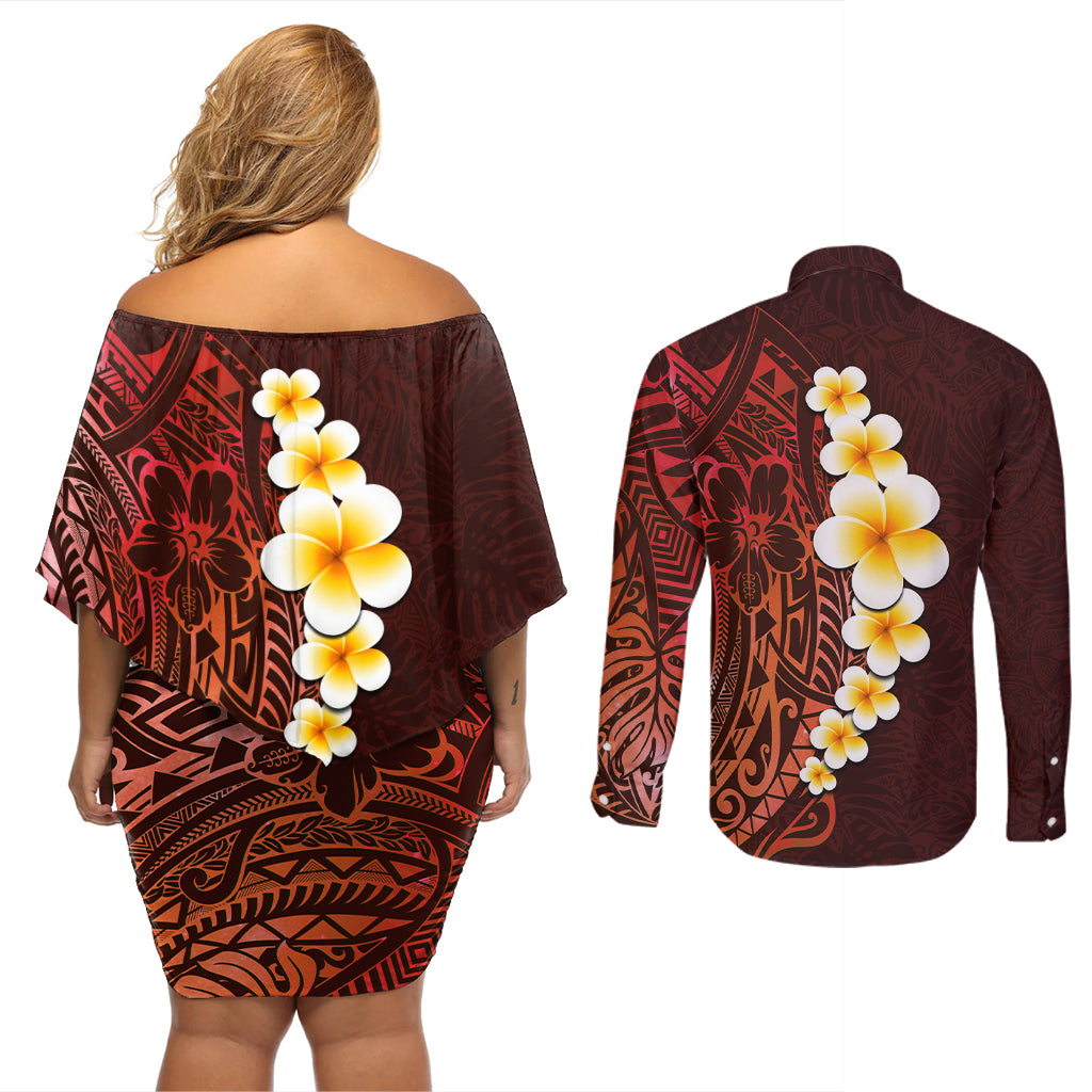 Red Tropical Plumeria With Galaxy Polynesian Art Couples Matching Off Shoulder Short Dress and Long Sleeve Button Shirt - Wonder Print Shop