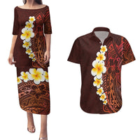 Red Tropical Plumeria With Galaxy Polynesian Art Couples Matching Puletasi Dress and Hawaiian Shirt - Wonder Print Shop
