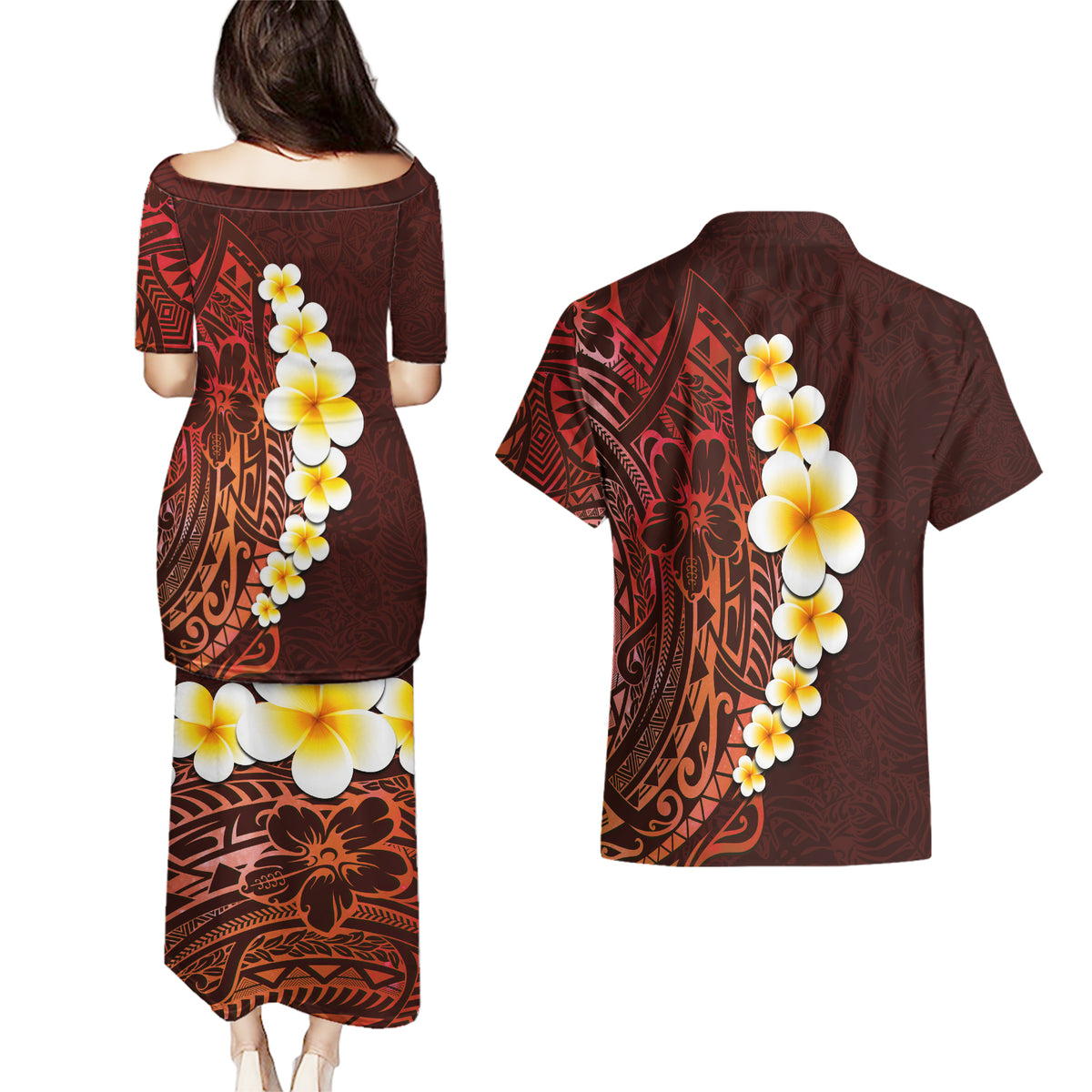 Red Tropical Plumeria With Galaxy Polynesian Art Couples Matching Puletasi Dress and Hawaiian Shirt - Wonder Print Shop
