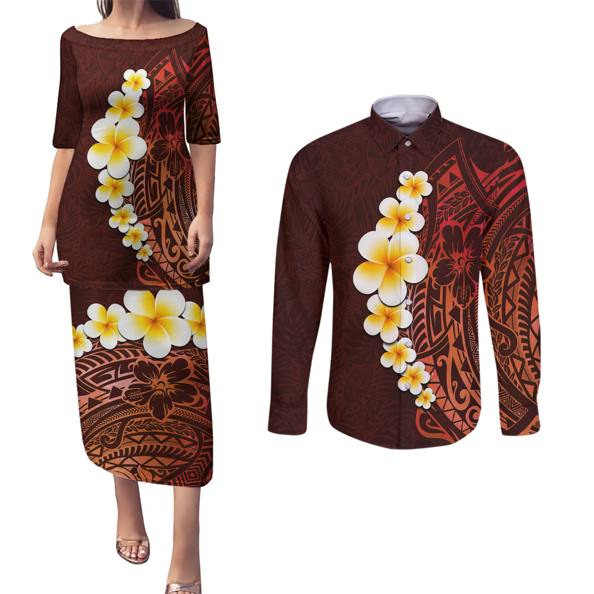 Red Tropical Plumeria With Galaxy Polynesian Art Couples Matching Puletasi Dress and Long Sleeve Button Shirt - Wonder Print Shop
