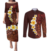Red Tropical Plumeria With Galaxy Polynesian Art Couples Matching Puletasi Dress and Long Sleeve Button Shirt - Wonder Print Shop