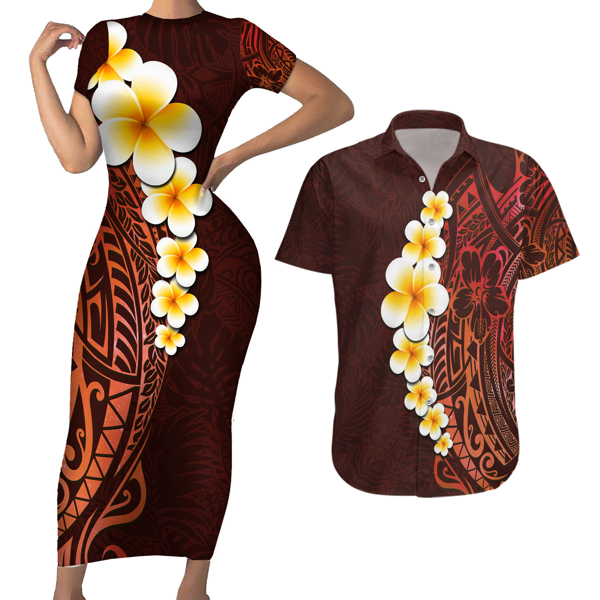 Red Tropical Plumeria With Galaxy Polynesian Art Couples Matching Short Sleeve Bodycon Dress and Hawaiian Shirt - Wonder Print Shop