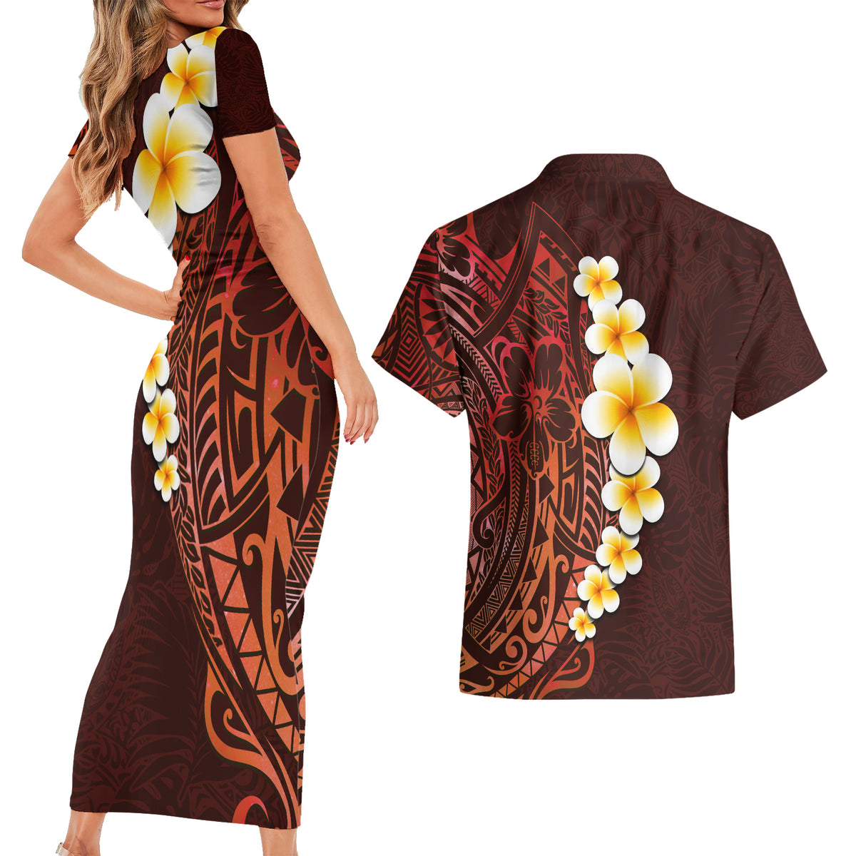 Red Tropical Plumeria With Galaxy Polynesian Art Couples Matching Short Sleeve Bodycon Dress and Hawaiian Shirt - Wonder Print Shop