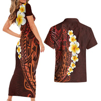 Red Tropical Plumeria With Galaxy Polynesian Art Couples Matching Short Sleeve Bodycon Dress and Hawaiian Shirt - Wonder Print Shop
