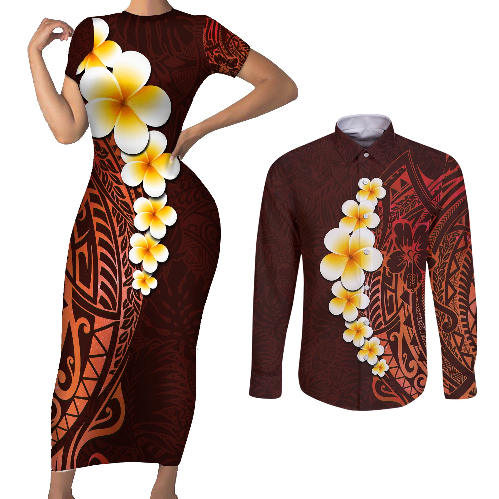 Red Tropical Plumeria With Galaxy Polynesian Art Couples Matching Short Sleeve Bodycon Dress and Long Sleeve Button Shirt - Wonder Print Shop