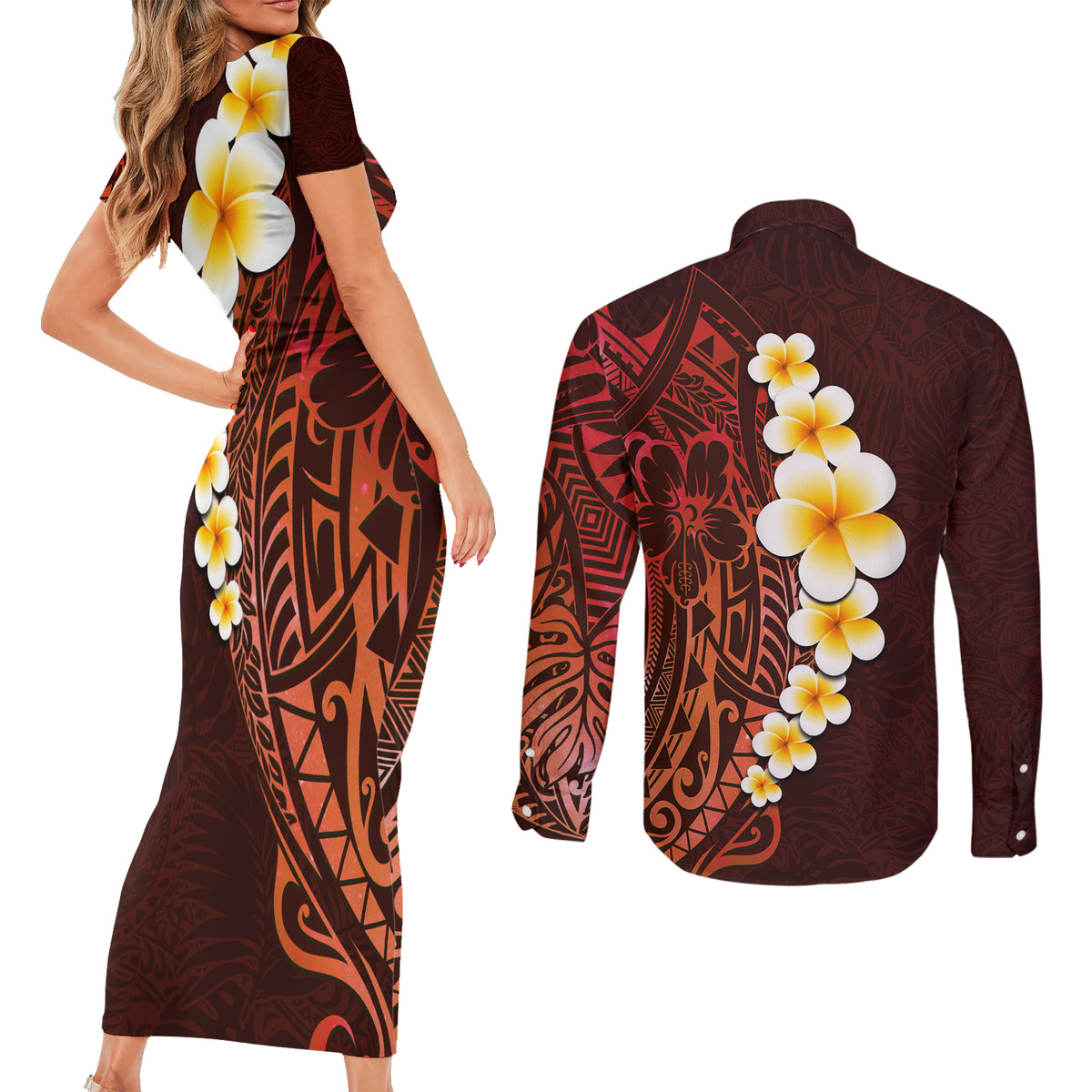 Red Tropical Plumeria With Galaxy Polynesian Art Couples Matching Short Sleeve Bodycon Dress and Long Sleeve Button Shirt - Wonder Print Shop