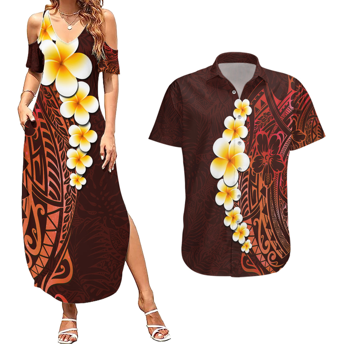 Red Tropical Plumeria With Galaxy Polynesian Art Couples Matching Summer Maxi Dress and Hawaiian Shirt - Wonder Print Shop