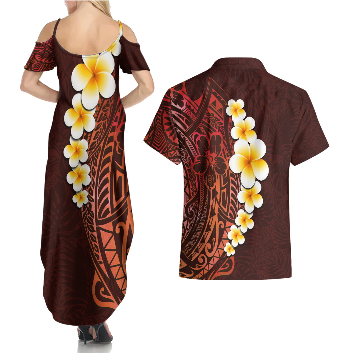 Red Tropical Plumeria With Galaxy Polynesian Art Couples Matching Summer Maxi Dress and Hawaiian Shirt - Wonder Print Shop