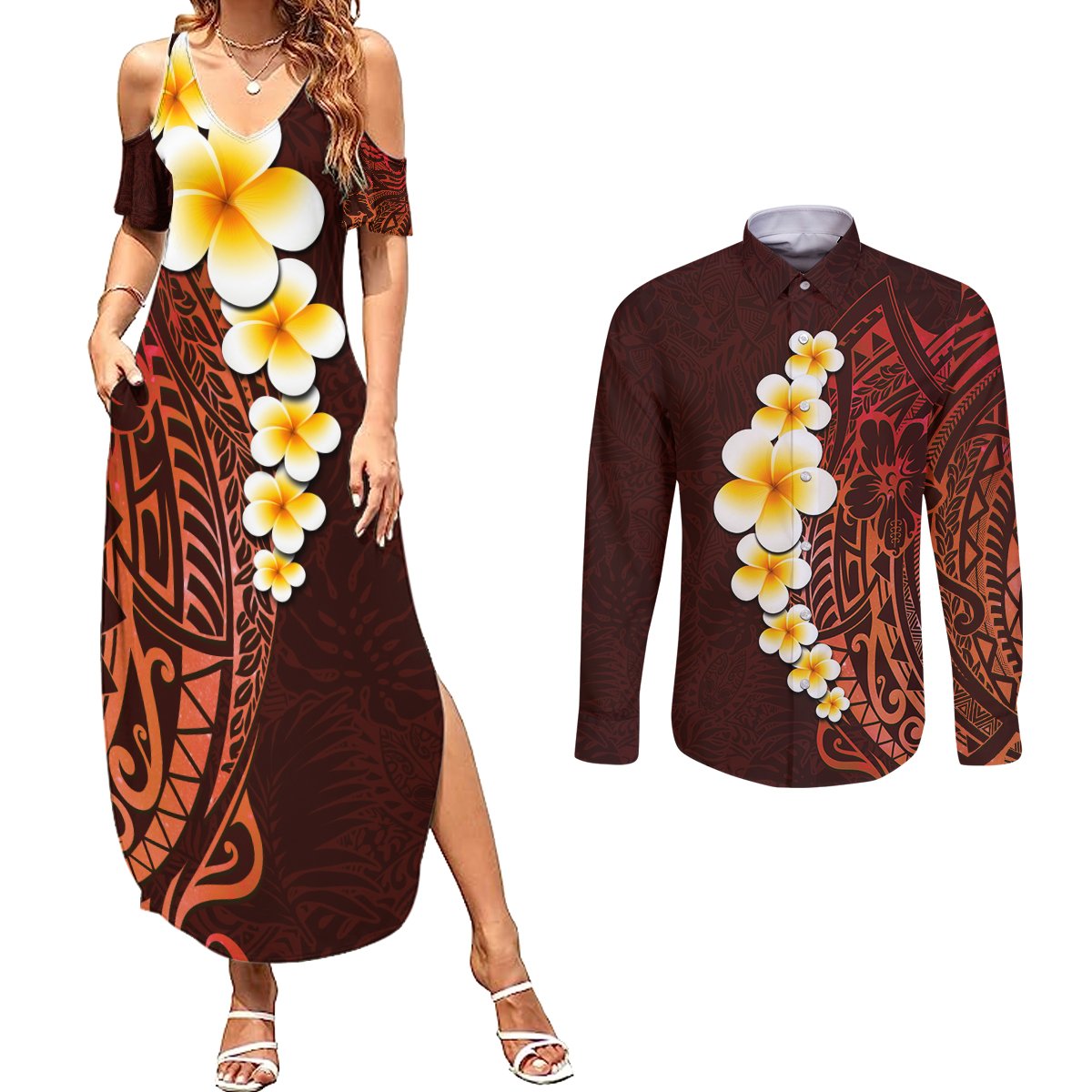 Red Tropical Plumeria With Galaxy Polynesian Art Couples Matching Summer Maxi Dress and Long Sleeve Button Shirt - Wonder Print Shop