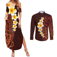 Red Tropical Plumeria With Galaxy Polynesian Art Couples Matching Summer Maxi Dress and Long Sleeve Button Shirt - Wonder Print Shop