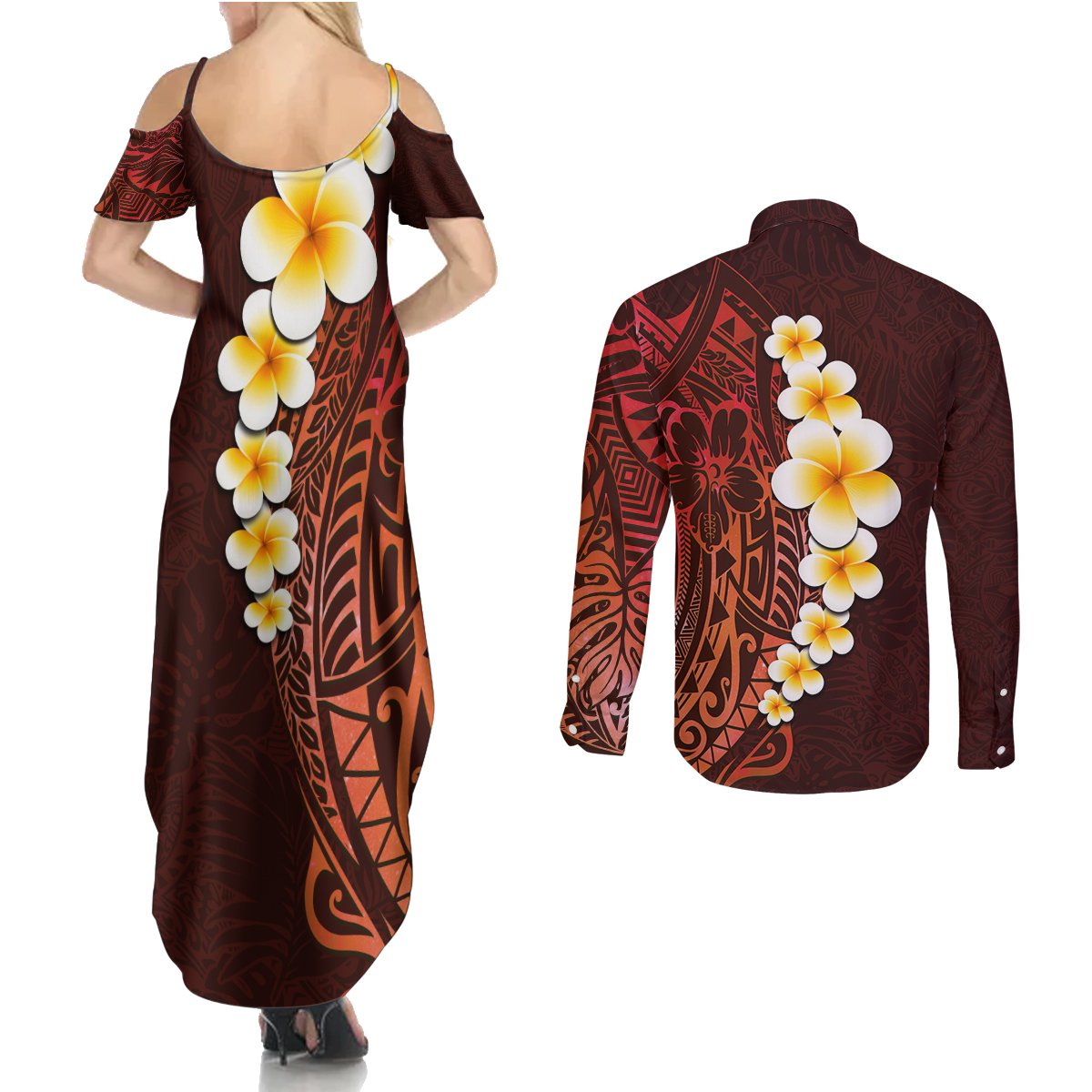 Red Tropical Plumeria With Galaxy Polynesian Art Couples Matching Summer Maxi Dress and Long Sleeve Button Shirt - Wonder Print Shop