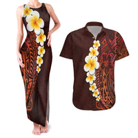 Red Tropical Plumeria With Galaxy Polynesian Art Couples Matching Tank Maxi Dress and Hawaiian Shirt - Wonder Print Shop