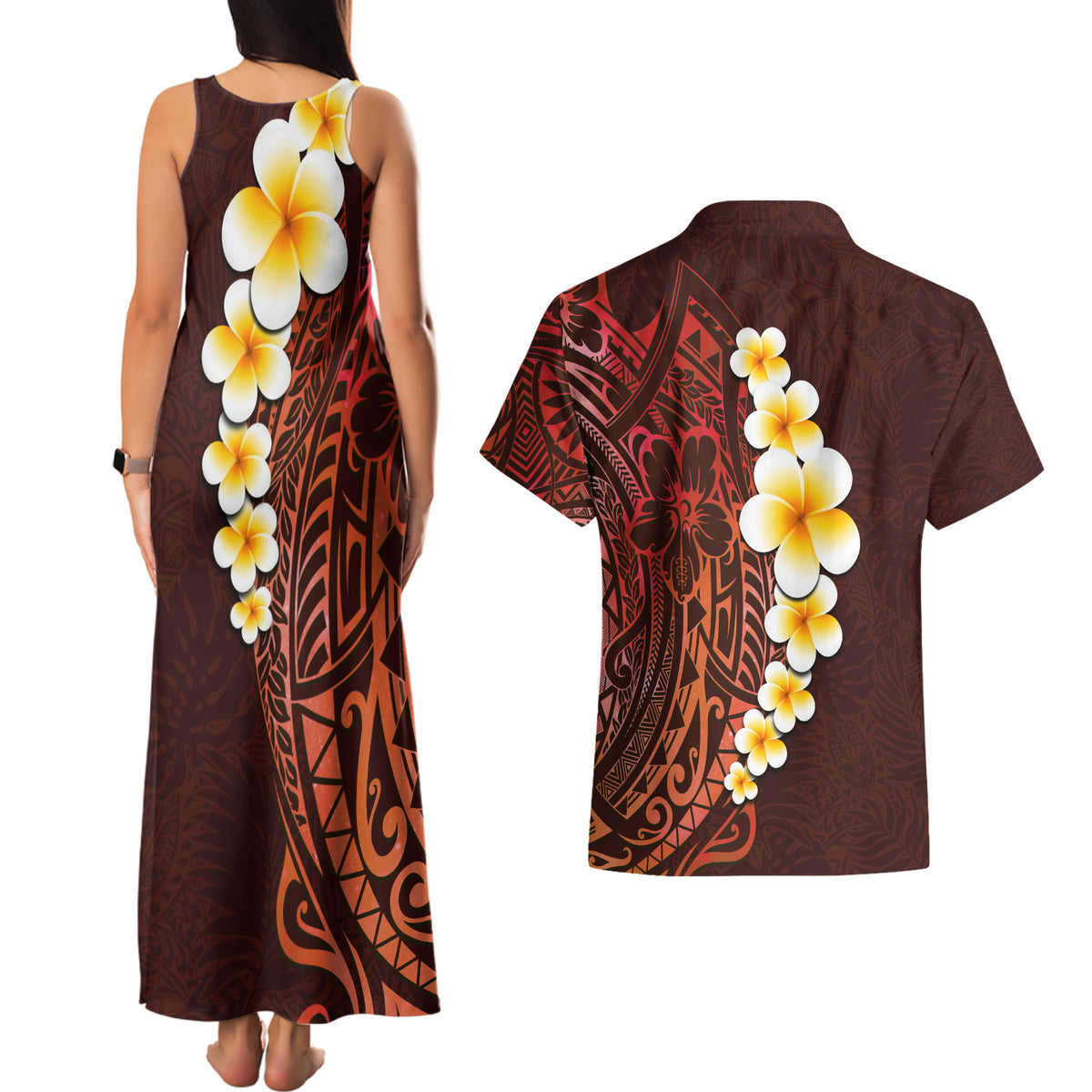 Red Tropical Plumeria With Galaxy Polynesian Art Couples Matching Tank Maxi Dress and Hawaiian Shirt - Wonder Print Shop