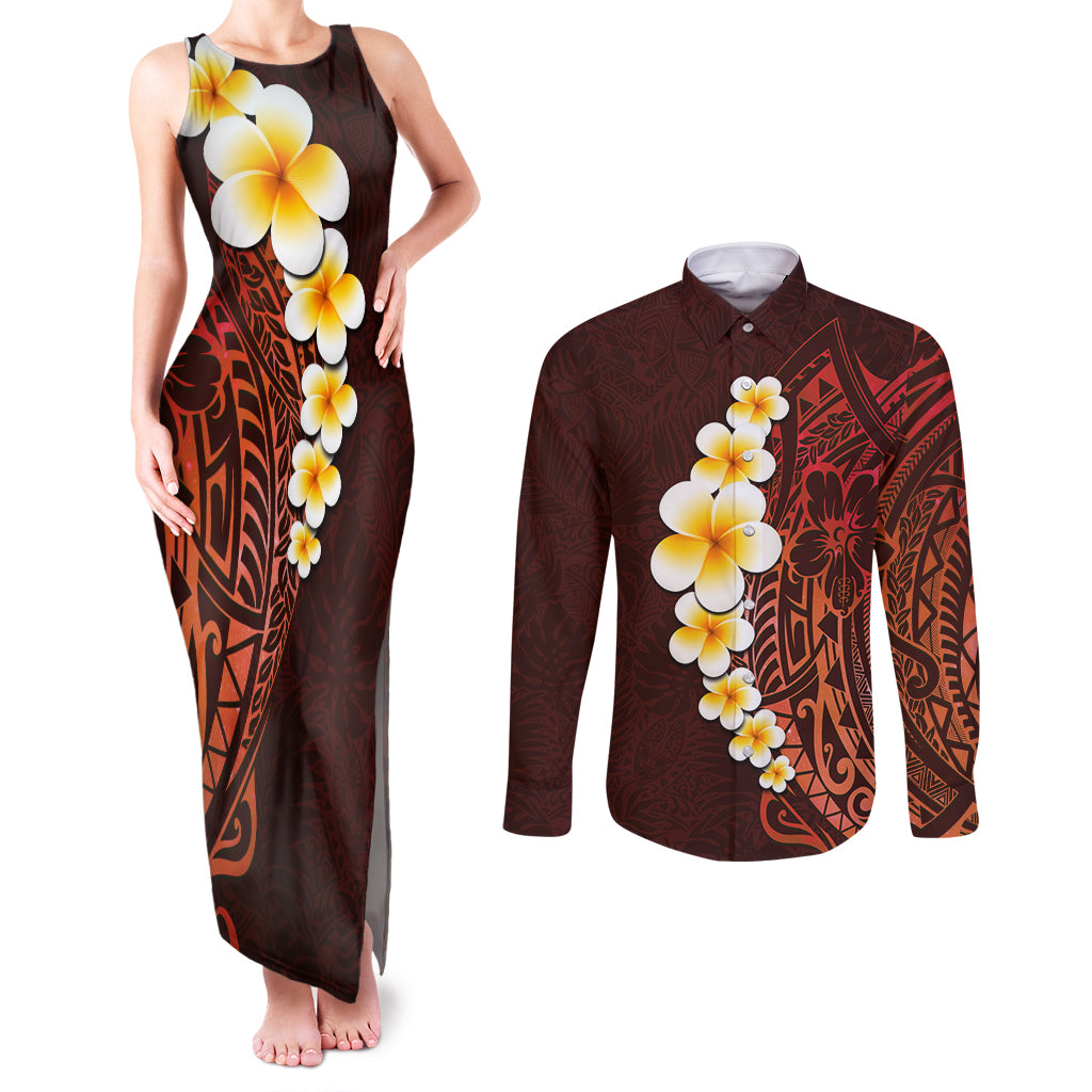 Red Tropical Plumeria With Galaxy Polynesian Art Couples Matching Tank Maxi Dress and Long Sleeve Button Shirt - Wonder Print Shop