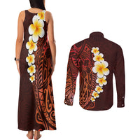 Red Tropical Plumeria With Galaxy Polynesian Art Couples Matching Tank Maxi Dress and Long Sleeve Button Shirt - Wonder Print Shop