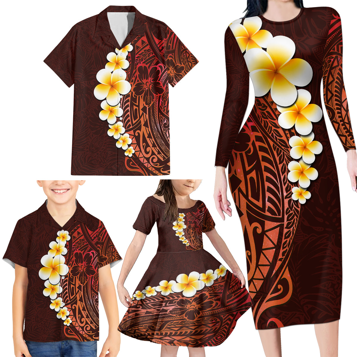 Red Tropical Plumeria With Galaxy Polynesian Art Family Matching Long Sleeve Bodycon Dress and Hawaiian Shirt - Wonder Print Shop