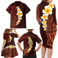 Red Tropical Plumeria With Galaxy Polynesian Art Family Matching Long Sleeve Bodycon Dress and Hawaiian Shirt - Wonder Print Shop