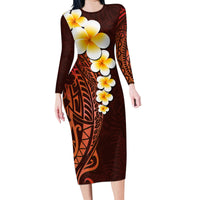 Red Tropical Plumeria With Galaxy Polynesian Art Family Matching Long Sleeve Bodycon Dress and Hawaiian Shirt - Wonder Print Shop