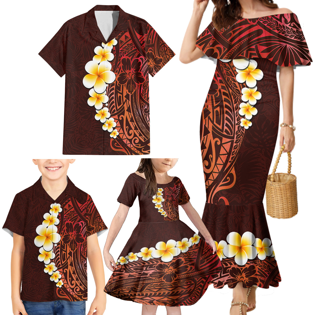 Red Tropical Plumeria With Galaxy Polynesian Art Family Matching Mermaid Dress and Hawaiian Shirt - Wonder Print Shop