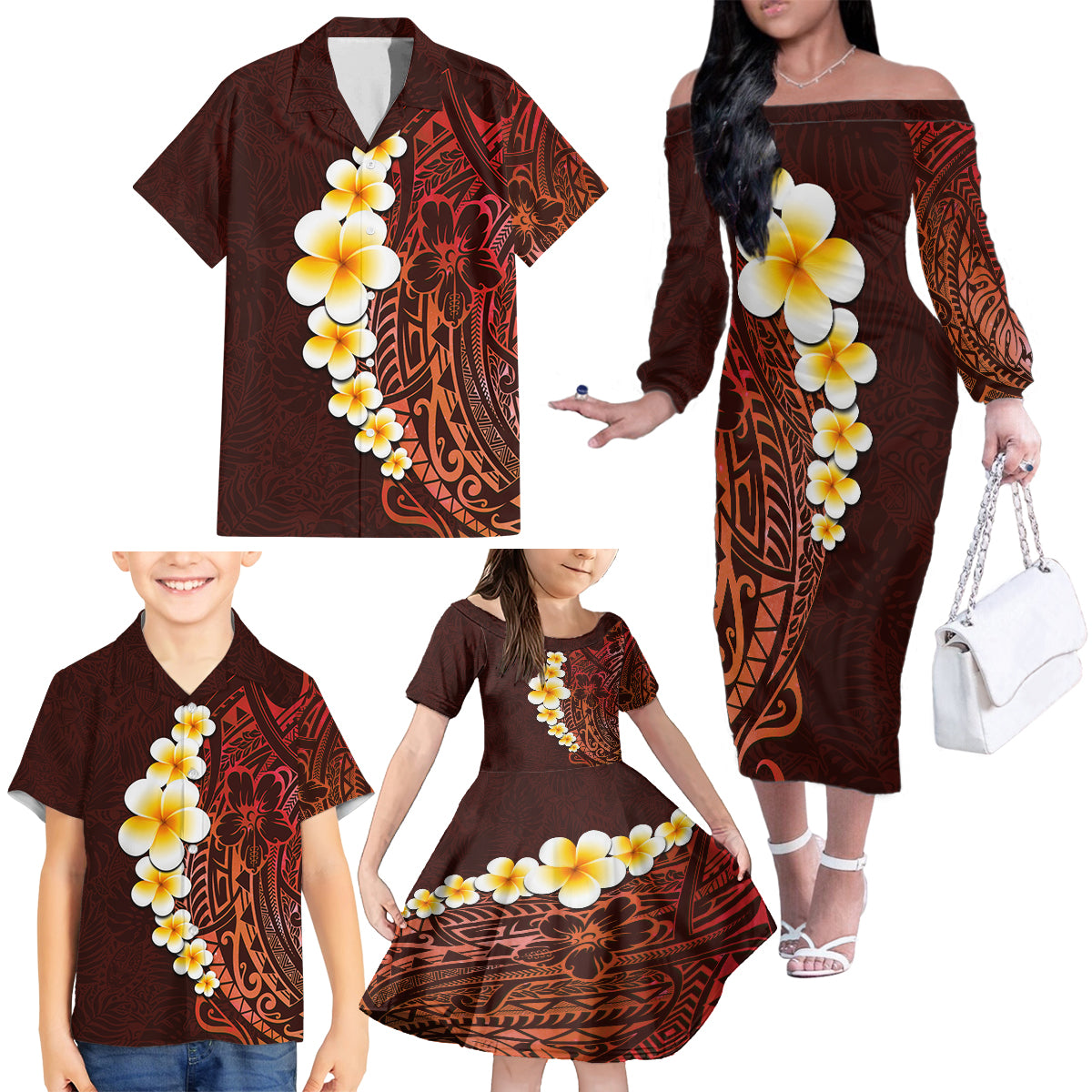Red Tropical Plumeria With Galaxy Polynesian Art Family Matching Off Shoulder Long Sleeve Dress and Hawaiian Shirt - Wonder Print Shop