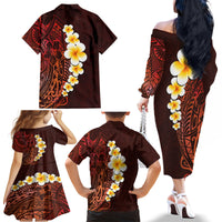 Red Tropical Plumeria With Galaxy Polynesian Art Family Matching Off Shoulder Long Sleeve Dress and Hawaiian Shirt - Wonder Print Shop