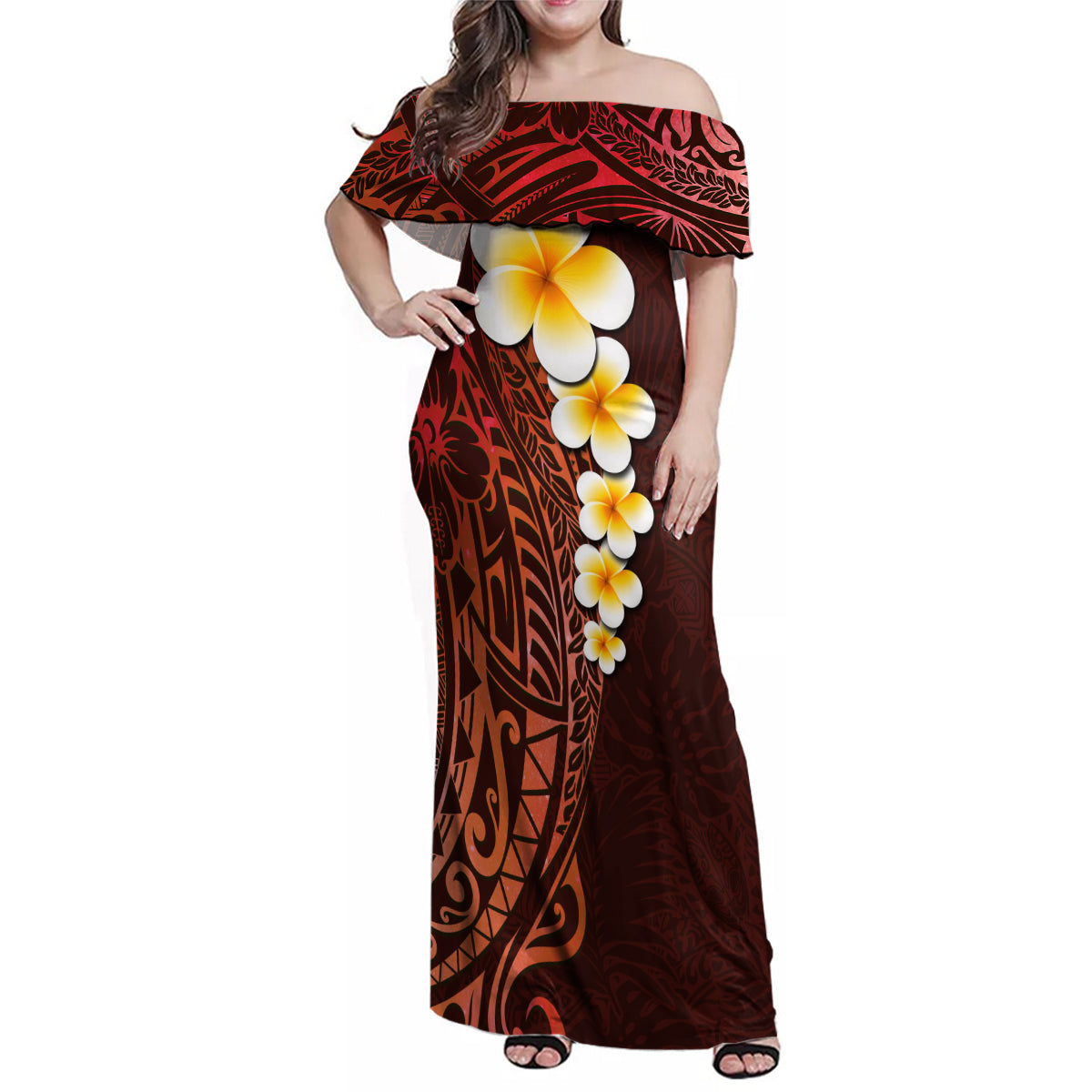 Red Tropical Plumeria With Galaxy Polynesian Art Family Matching Off Shoulder Maxi Dress and Hawaiian Shirt - Wonder Print Shop