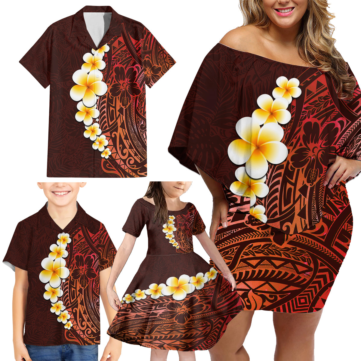 Red Tropical Plumeria With Galaxy Polynesian Art Family Matching Off Shoulder Short Dress and Hawaiian Shirt - Wonder Print Shop