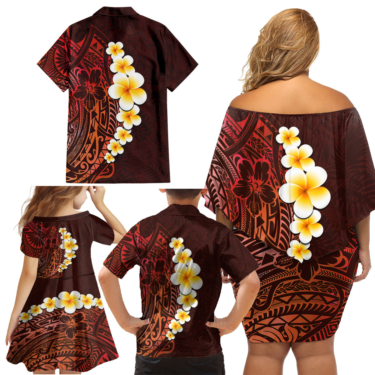 Red Tropical Plumeria With Galaxy Polynesian Art Family Matching Off Shoulder Short Dress and Hawaiian Shirt - Wonder Print Shop