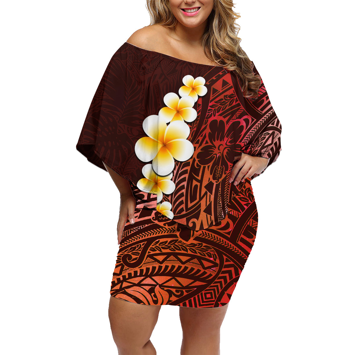 Red Tropical Plumeria With Galaxy Polynesian Art Family Matching Off Shoulder Short Dress and Hawaiian Shirt - Wonder Print Shop