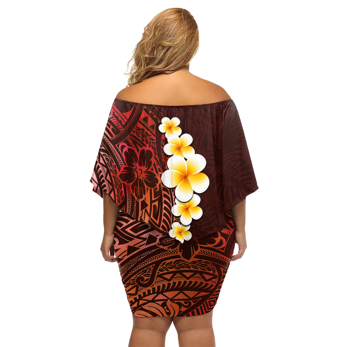 Red Tropical Plumeria With Galaxy Polynesian Art Family Matching Off Shoulder Short Dress and Hawaiian Shirt - Wonder Print Shop
