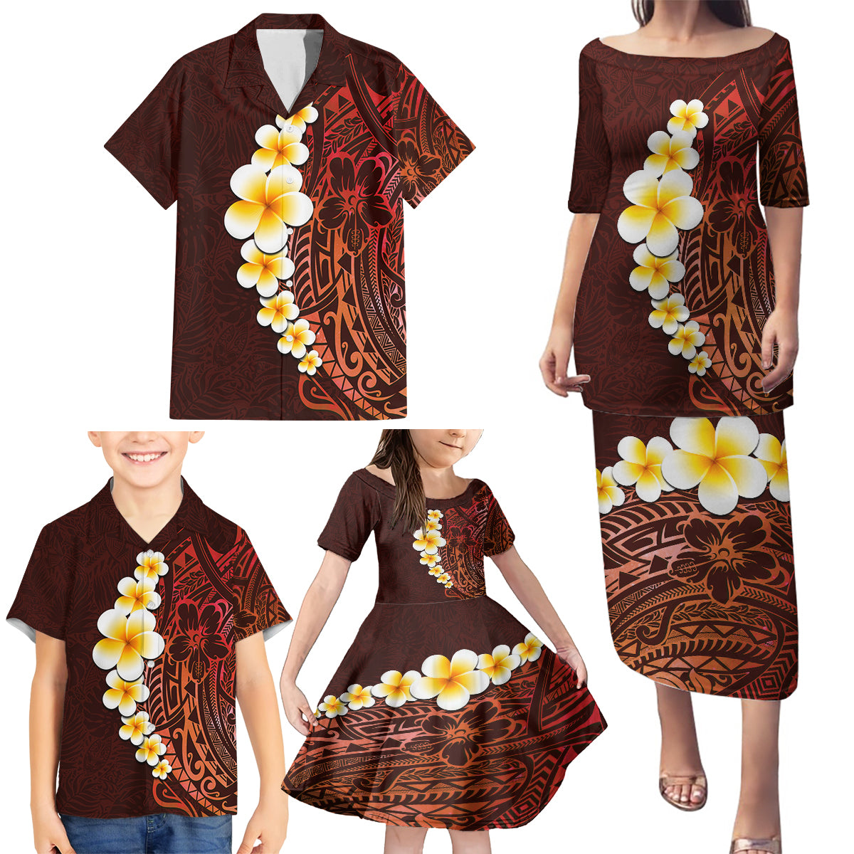 Red Tropical Plumeria With Galaxy Polynesian Art Family Matching Puletasi Dress and Hawaiian Shirt - Wonder Print Shop