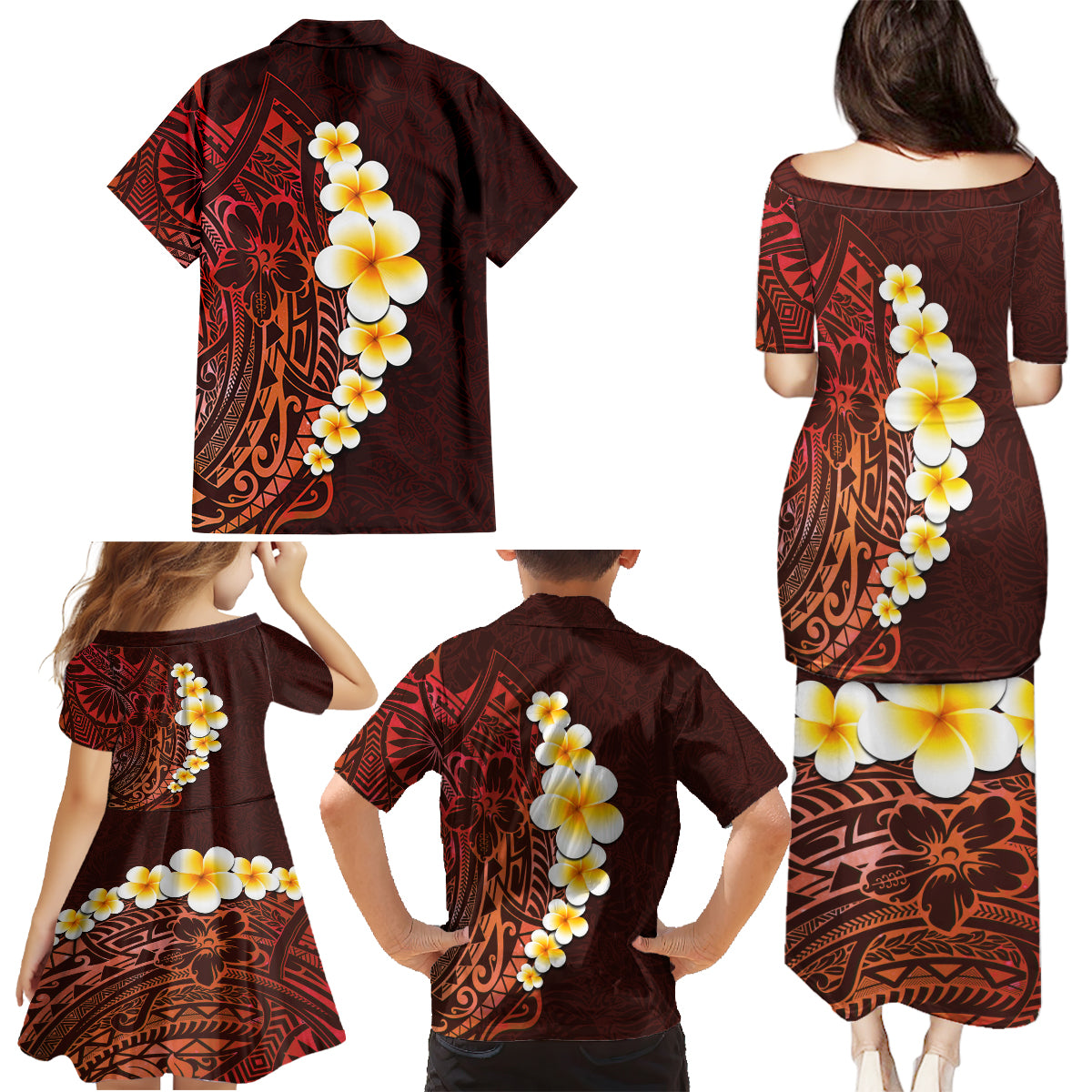 Red Tropical Plumeria With Galaxy Polynesian Art Family Matching Puletasi Dress and Hawaiian Shirt - Wonder Print Shop