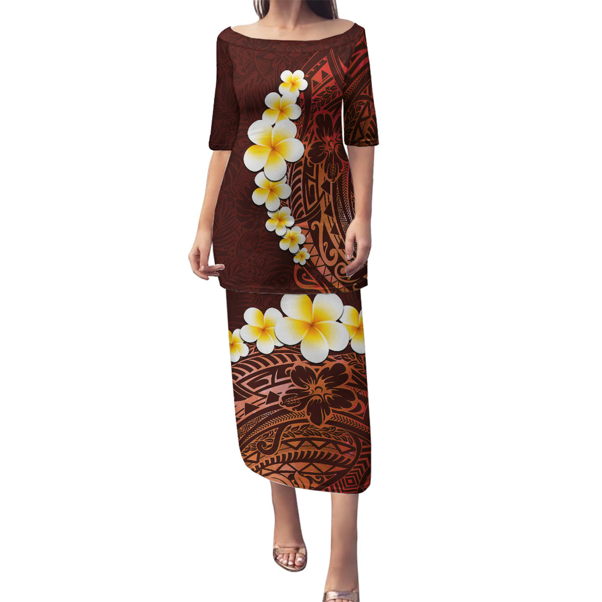 Red Tropical Plumeria With Galaxy Polynesian Art Family Matching Puletasi Dress and Hawaiian Shirt - Wonder Print Shop