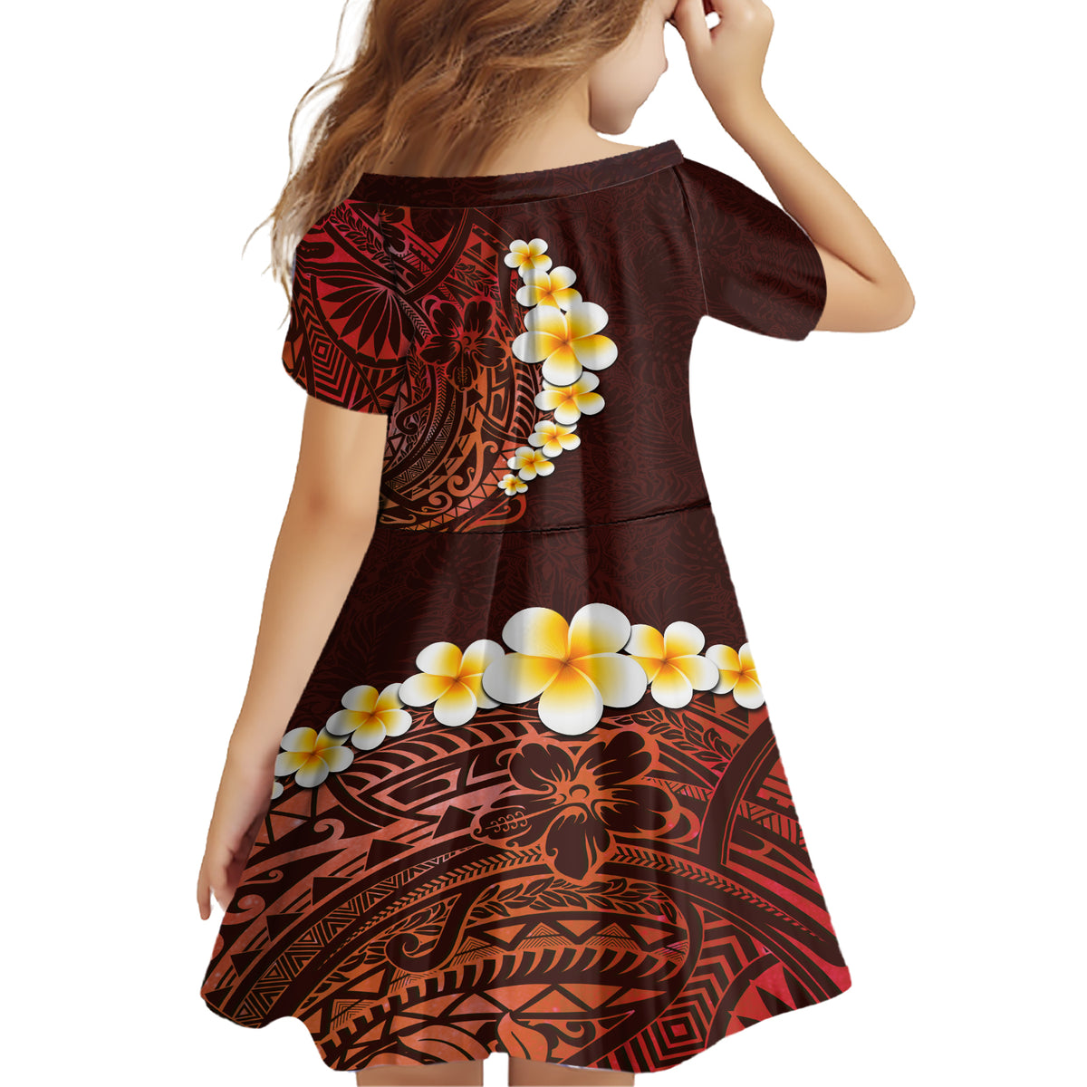 Red Tropical Plumeria With Galaxy Polynesian Art Family Matching Short Sleeve Bodycon Dress and Hawaiian Shirt - Wonder Print Shop