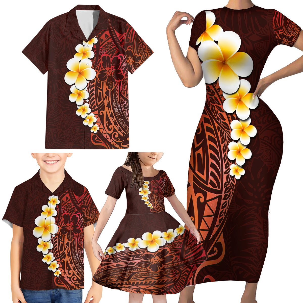 Red Tropical Plumeria With Galaxy Polynesian Art Family Matching Short Sleeve Bodycon Dress and Hawaiian Shirt - Wonder Print Shop