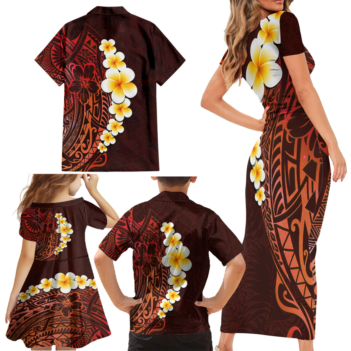 Red Tropical Plumeria With Galaxy Polynesian Art Family Matching Short Sleeve Bodycon Dress and Hawaiian Shirt - Wonder Print Shop