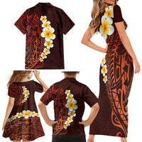 Red Tropical Plumeria With Galaxy Polynesian Art Family Matching Short Sleeve Bodycon Dress and Hawaiian Shirt - Wonder Print Shop